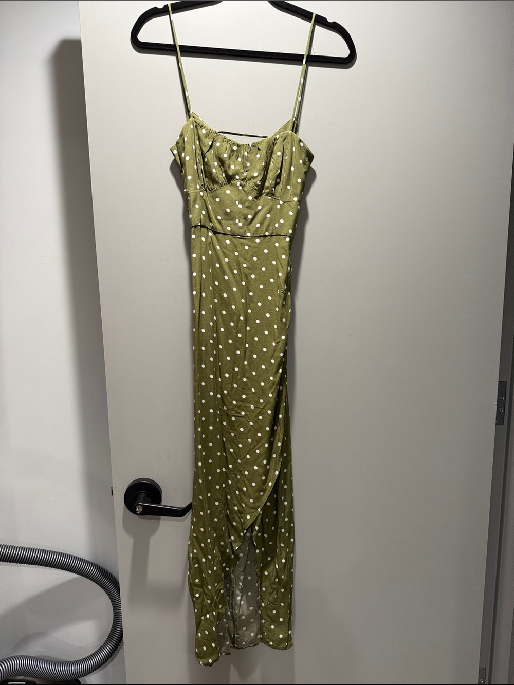 Zara New Olive Green Polka Dot Maxi Dress slit open back xs